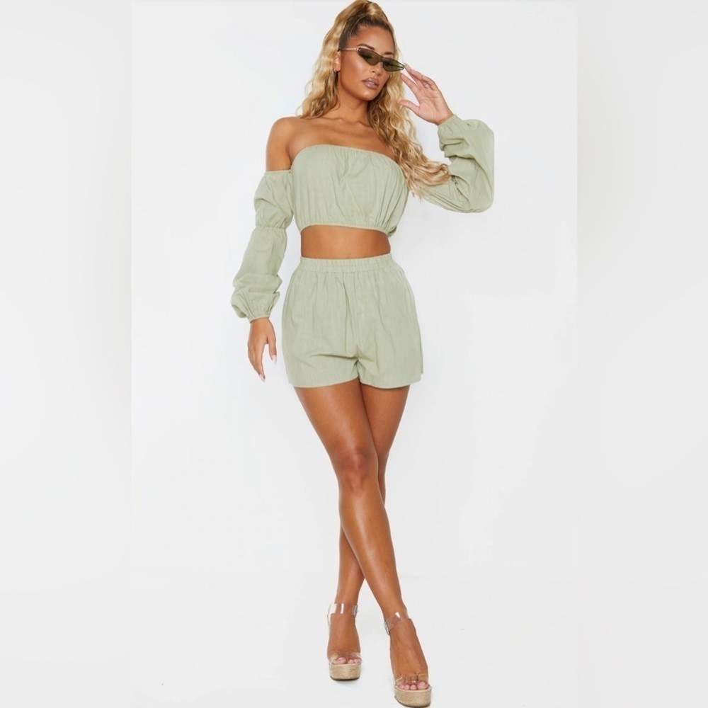 NWT Pretty Little Thing Pale Khaki Linen Look Bardot Puff Sleeve Beach Top - Picture 4 of 5